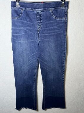 SPANX Pull-On Cropped Flare Denim Jeans Size XL Raw Hem Two Tone Blue 20231R